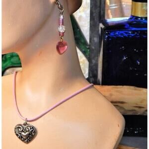 Vintage Metal Heart Choker & Beaded Heart Earrings Set